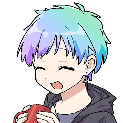 Picrew of an anime-style character with short hair in a gradient of green, blue, and purple, wearing a black hoodie and holding a red mug, smiling with a cheerful expression.